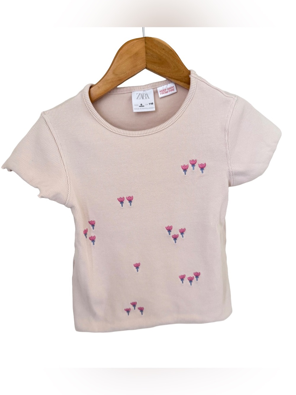Zara Girls' Pink Ribbed Tee with Floral Embroidery